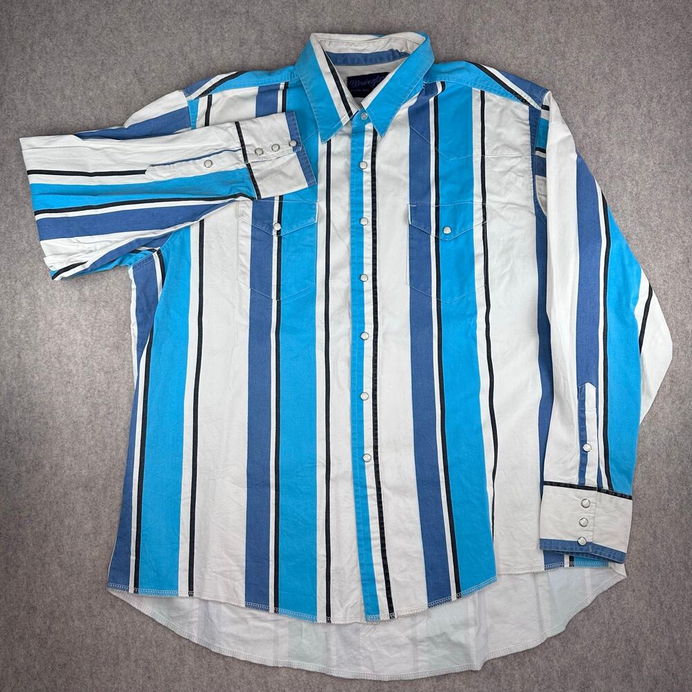 Vintage Wrangler Brushpopper Turquoise Vertical Stripe Shirt 18 1/2 X 36